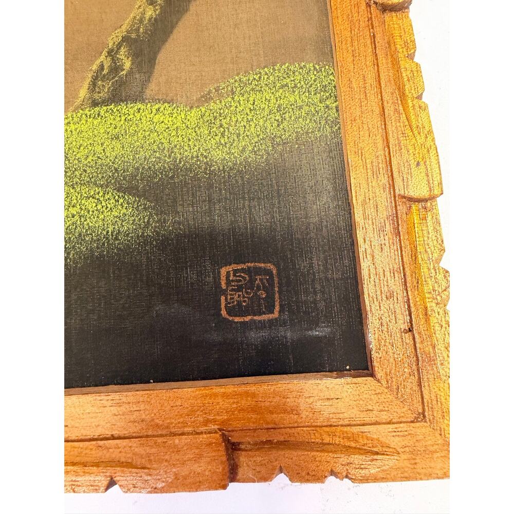 Satin/Cloth Painting mountain moonlight lantern Painting Signed 18" X 15" - Picture 5 of 8